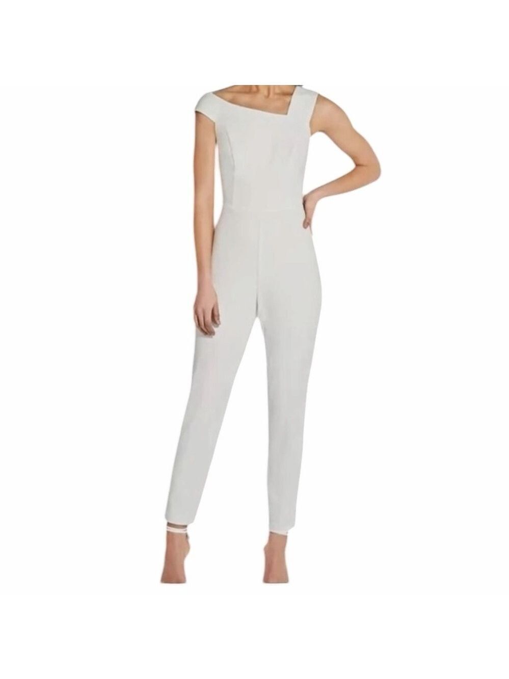 Adrianna Papell Knit Crepe Straight Leg Jumpsuit Cut Out Back Ivory AB194 Sz 8